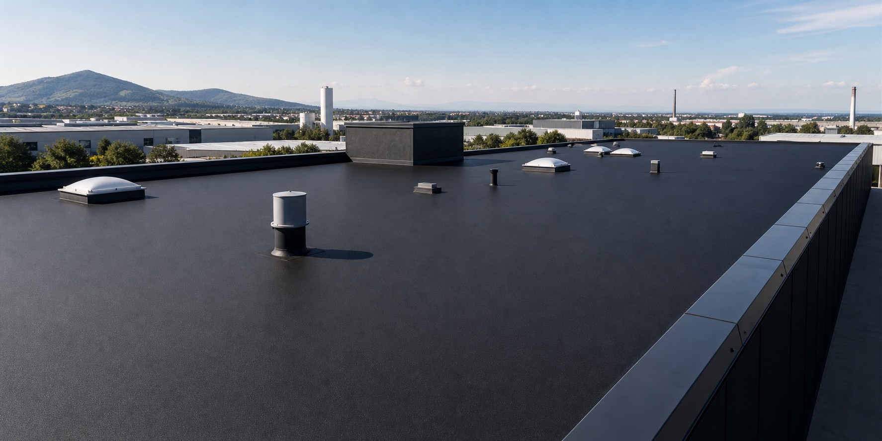 Acoperiș industrial văzut în perspectivă, acoperit cu un strat negru continuu și uniform pe toată suprafața utilă.
