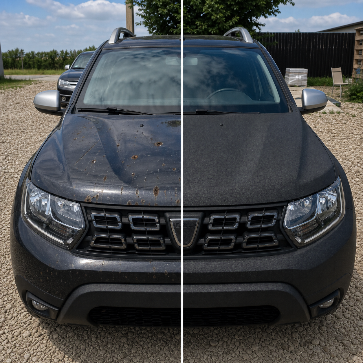 Imagine split before și after pentru protecție auto Bullet Liner, folosită în hero-ul de pe homepage.
