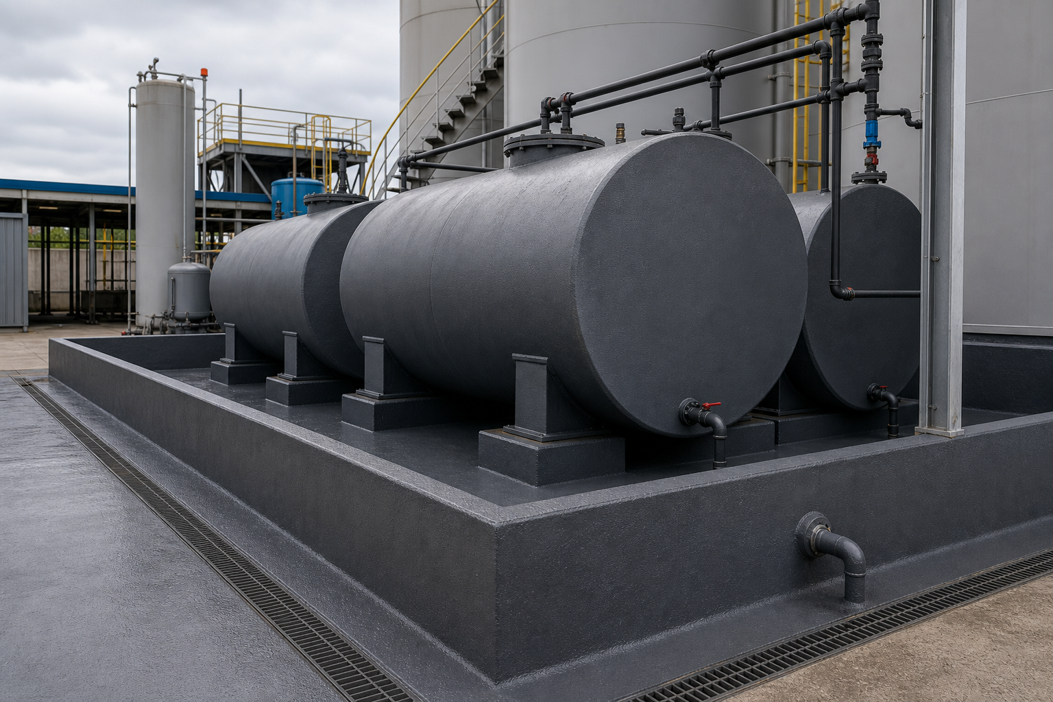 Rezervoare industriale într-un bazin de retenție protejat continuu, cu bazin de retenție și detalii tehnice pregătite pentru exploatare serioasă.