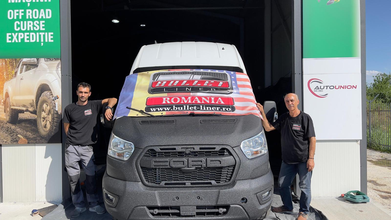 Dubă Ford Transit reală livrată după tratament Bullet Liner în atelier.