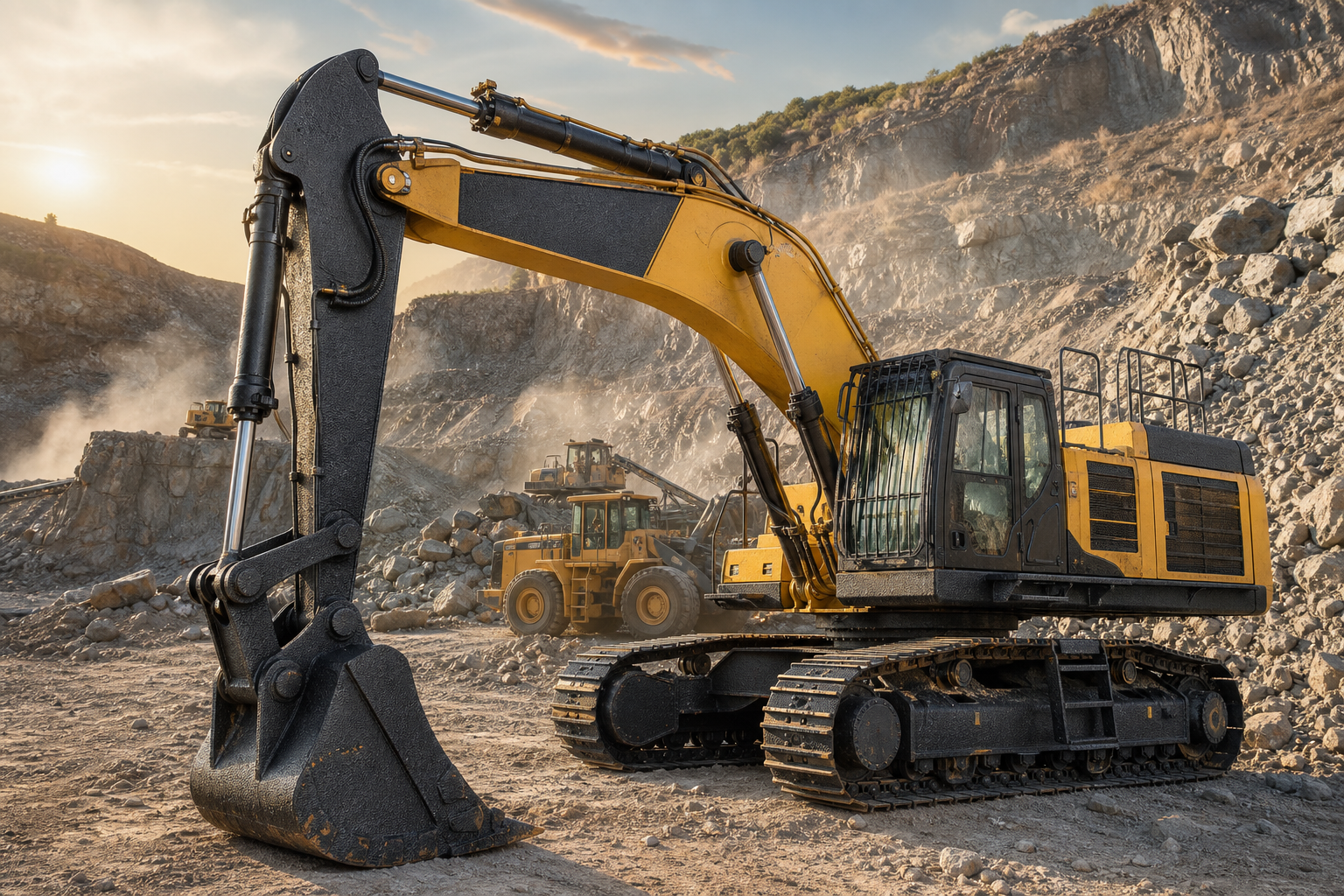Excavator de construcții cu cupă, braț și tren de rulare protejate cu strat texturat.