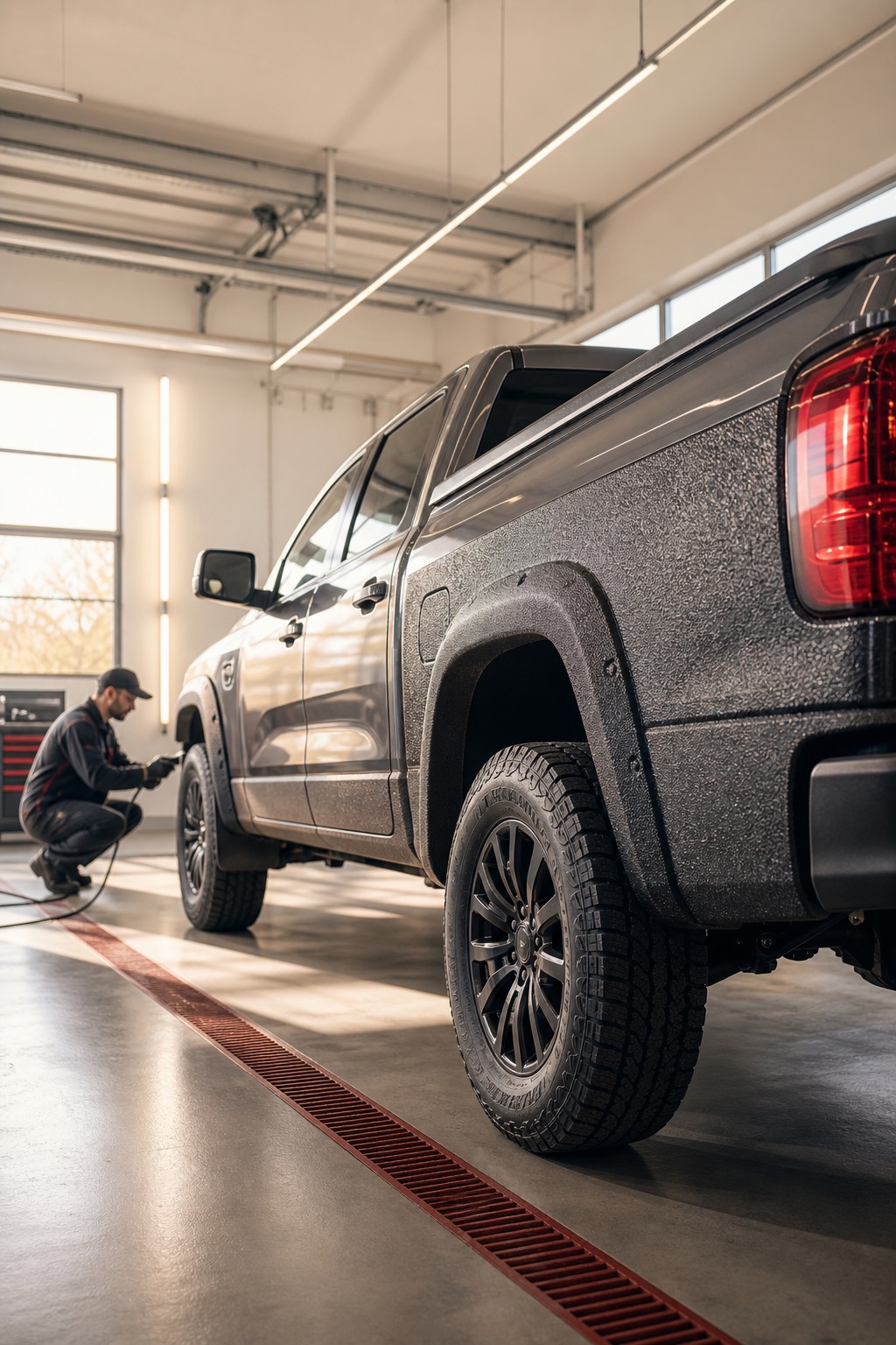 Pickup protejat în atelier, reprezentativ pentru zone auto expuse la uzură.