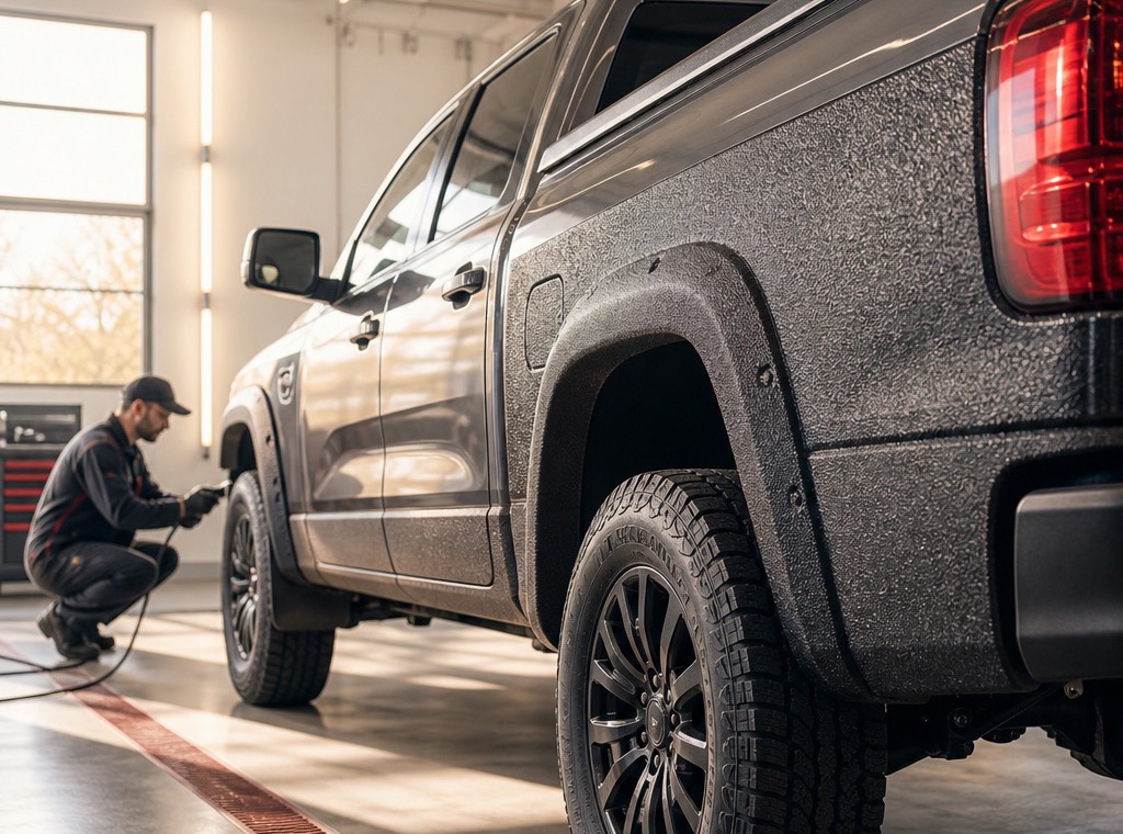 Pickup protejat cu Bullet Liner într-un atelier luminos, cu textura vizibilă pe caroserie și benă.