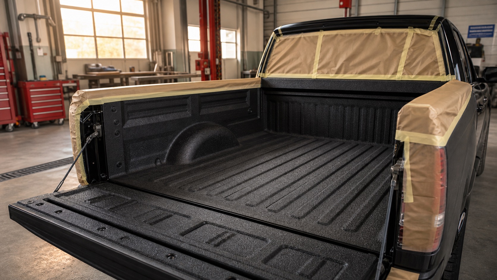 Benă pickup proaspăt protejată cu Bullet Liner într-un atelier luminos.