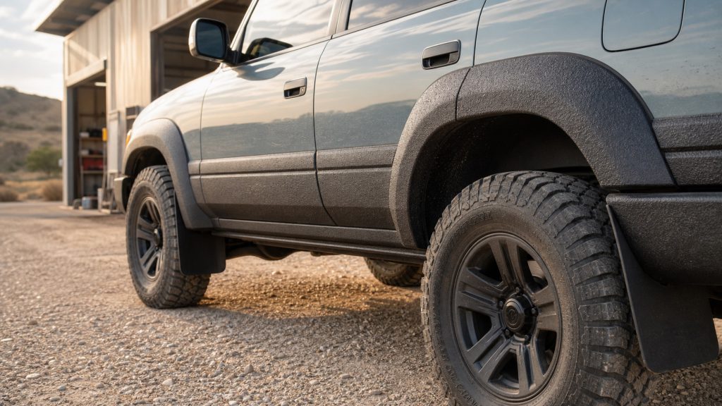 SUV offroad cu praguri și aripi protejate cu Bullet Liner pe un drum pietruit.